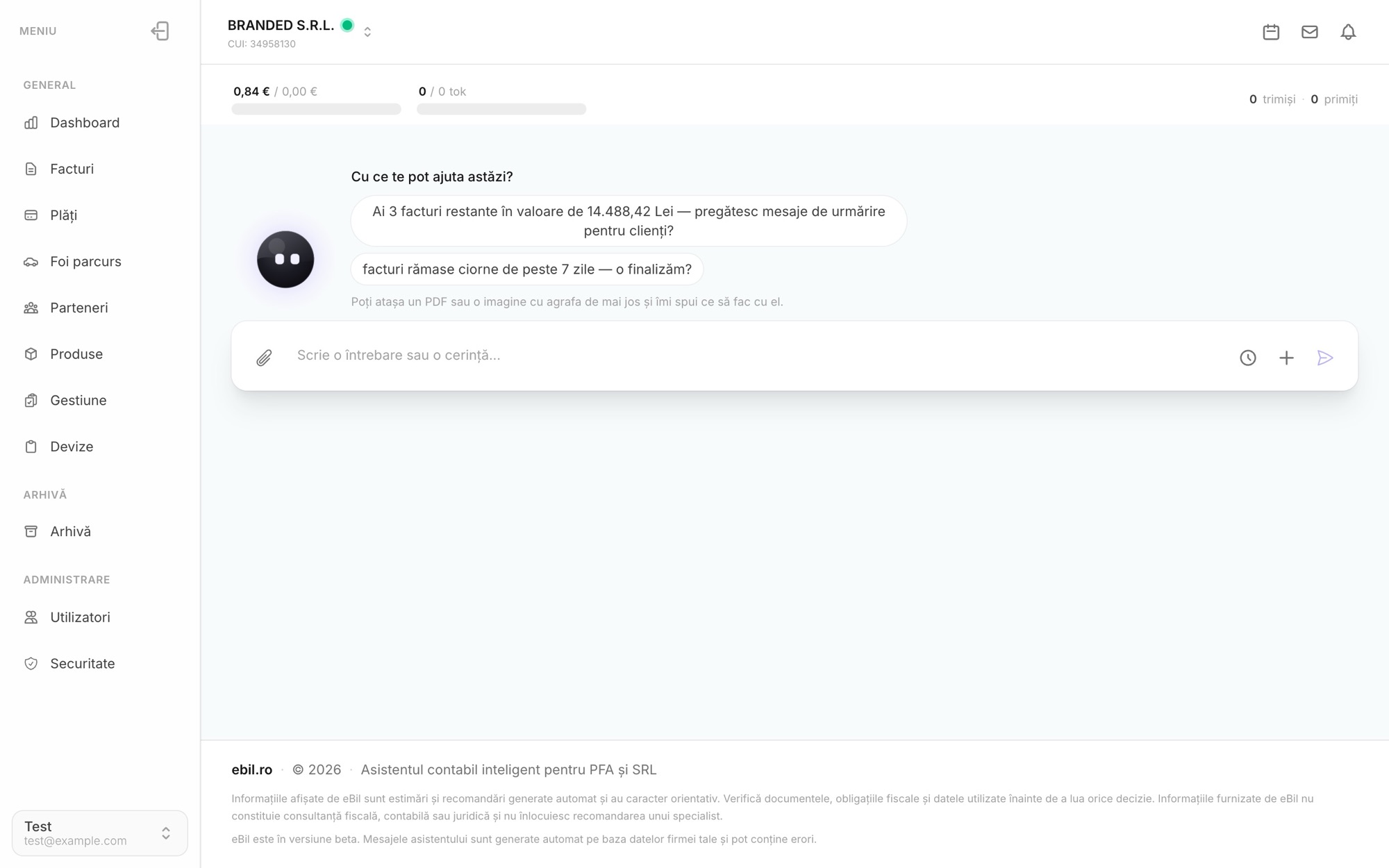 Asistentul AI eBil: mesaj contextual cu facturi restante și compozer pentru întrebări
