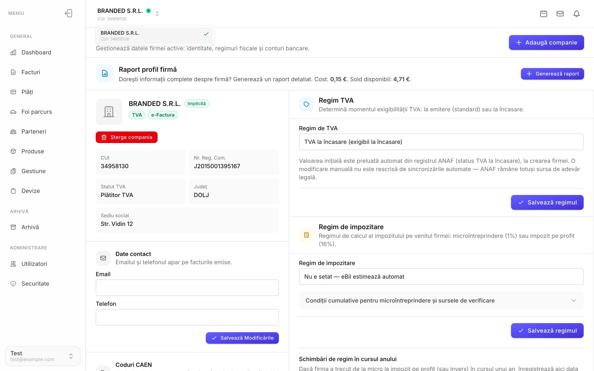 Pagina Companie din eBil: date firmă preluate de la ANAF, regim TVA și regim de impozitare