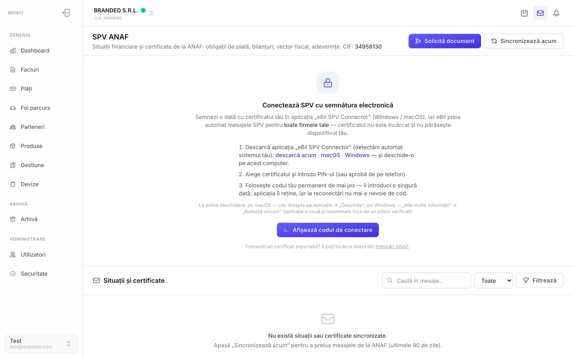 Pagina SPV ANAF din eBil: conectare cu semnătura electronică prin eBil SPV Connector
